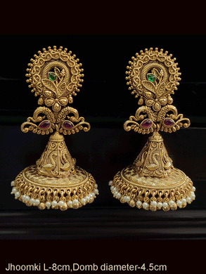 Peacock and leaf design bold jhoomki with ruby and green stones