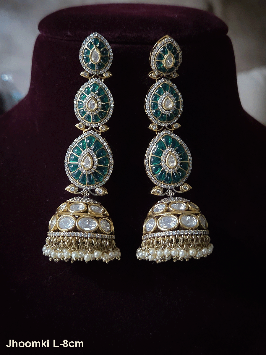 Kundan domb pearl hangings three green leaf top 8cm long jhoomkies