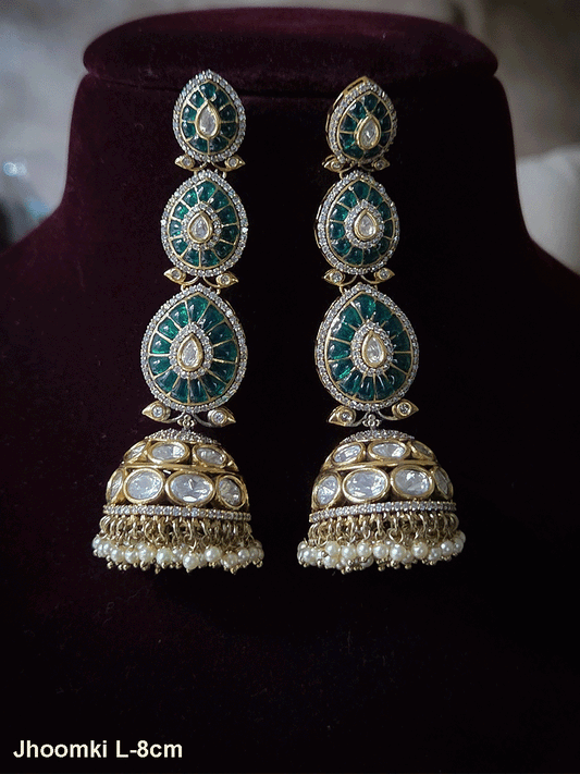 Kundan domb pearl hangings three green leaf top 8cm long jhoomkies