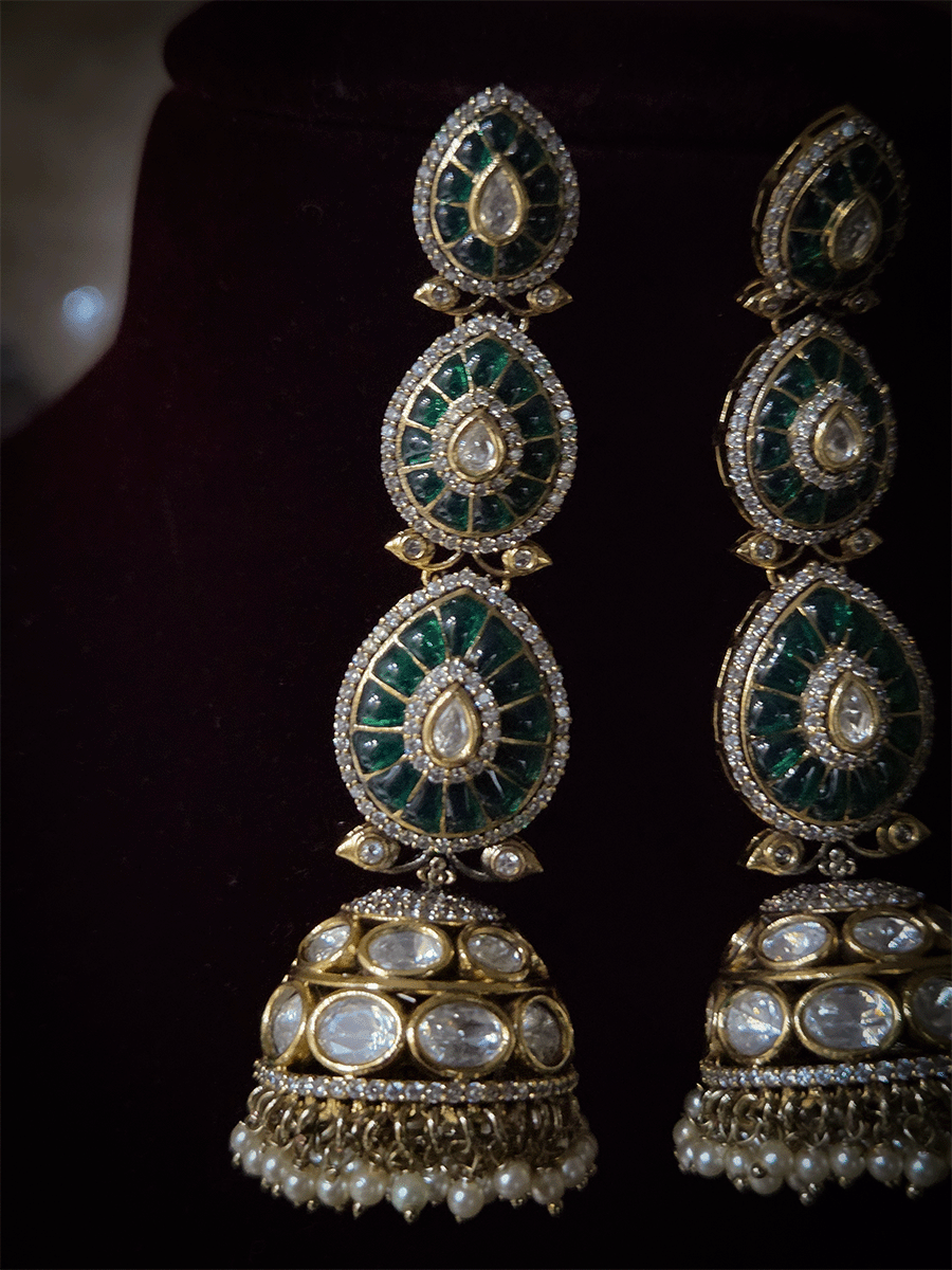 Kundan domb pearl hangings three green leaf top 8cm long jhoomkies