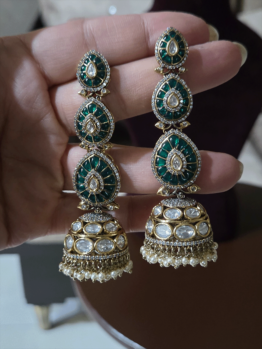 Kundan domb pearl hangings three green leaf top 8cm long jhoomkies