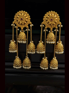 Ruby stone center flower top five jhoomki earrings(10cm long)