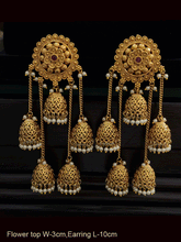 Load image into Gallery viewer, Ruby stone center flower top five jhoomki earrings(10cm long)