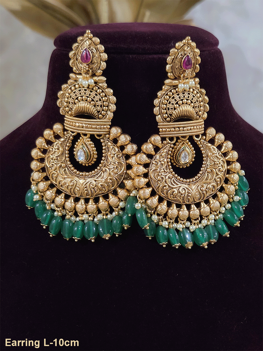 Tear drop stone leaf top chandbali design 10cm long earrings with kundan tukdi hanging