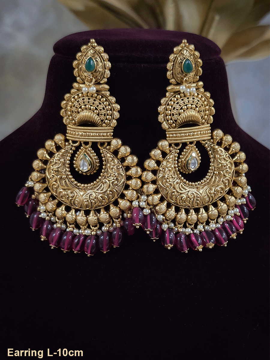 Tear drop stone leaf top chandbali design 10cm long earrings with kundan tukdi hanging