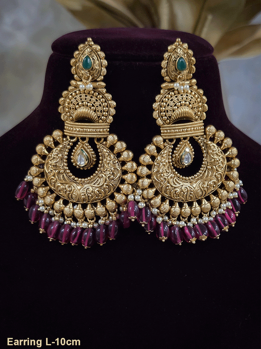 Tear drop stone leaf top chandbali design 10cm long earrings with kundan tukdi hanging