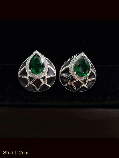 Black enamel leaf shaped coloured stone silver finish earrings