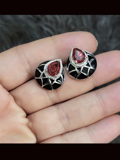 Black enamel leaf shaped coloured stone silver finish earrings