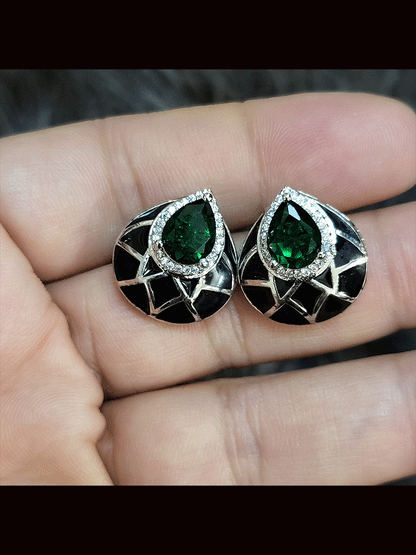 Black enamel leaf shaped coloured stone silver finish earrings
