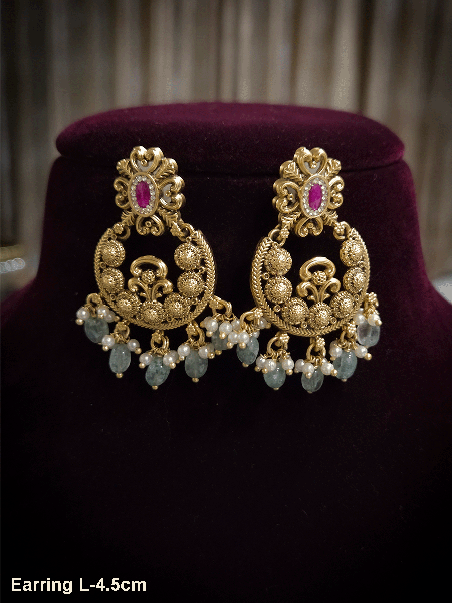 Small circular design with aqua bead drops and oval ruby stone top earrings