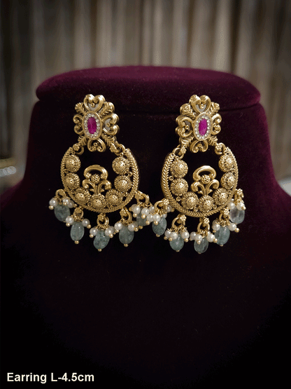 Small circular design with aqua bead drops and oval ruby stone top earrings
