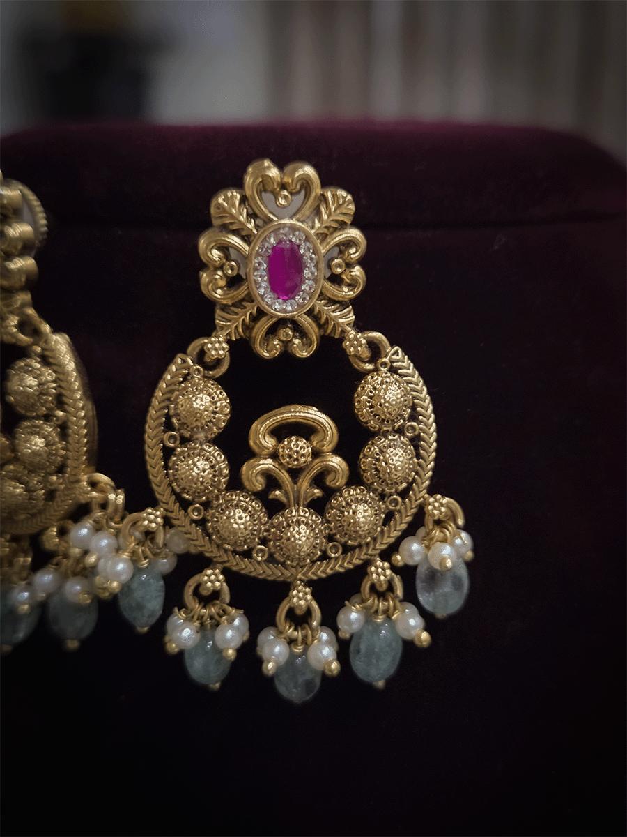 Small circular design with aqua bead drops and oval ruby stone top earrings