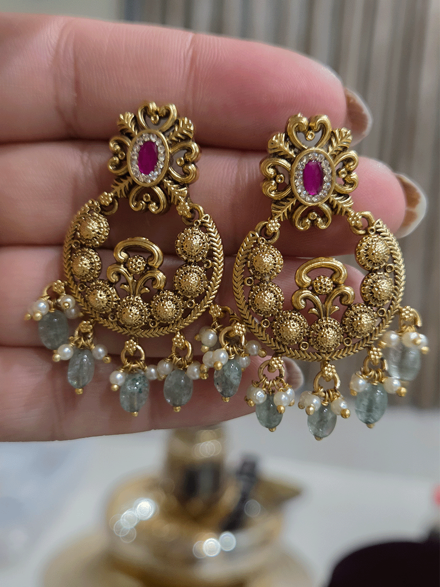 Small circular design with aqua bead drops and oval ruby stone top earrings