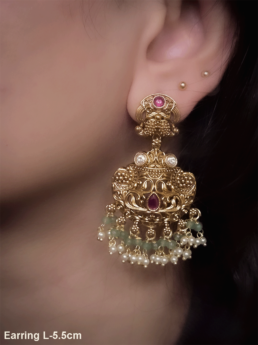Paisley design top intricate carving earrings with coloured beads drops