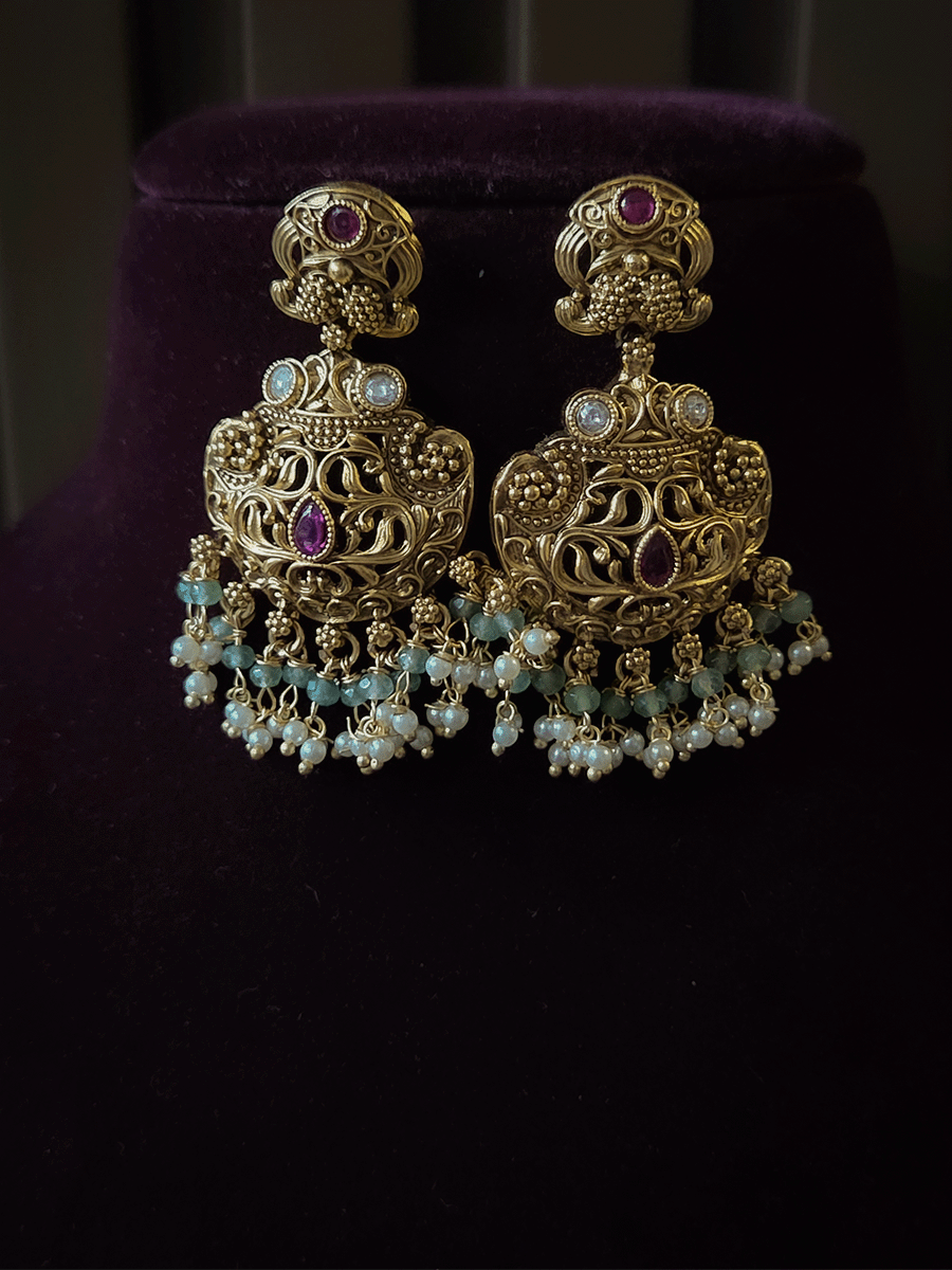 Paisley design top intricate carving earrings with coloured beads drops