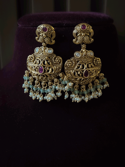 Paisley design top intricate carving earrings with coloured beads drops
