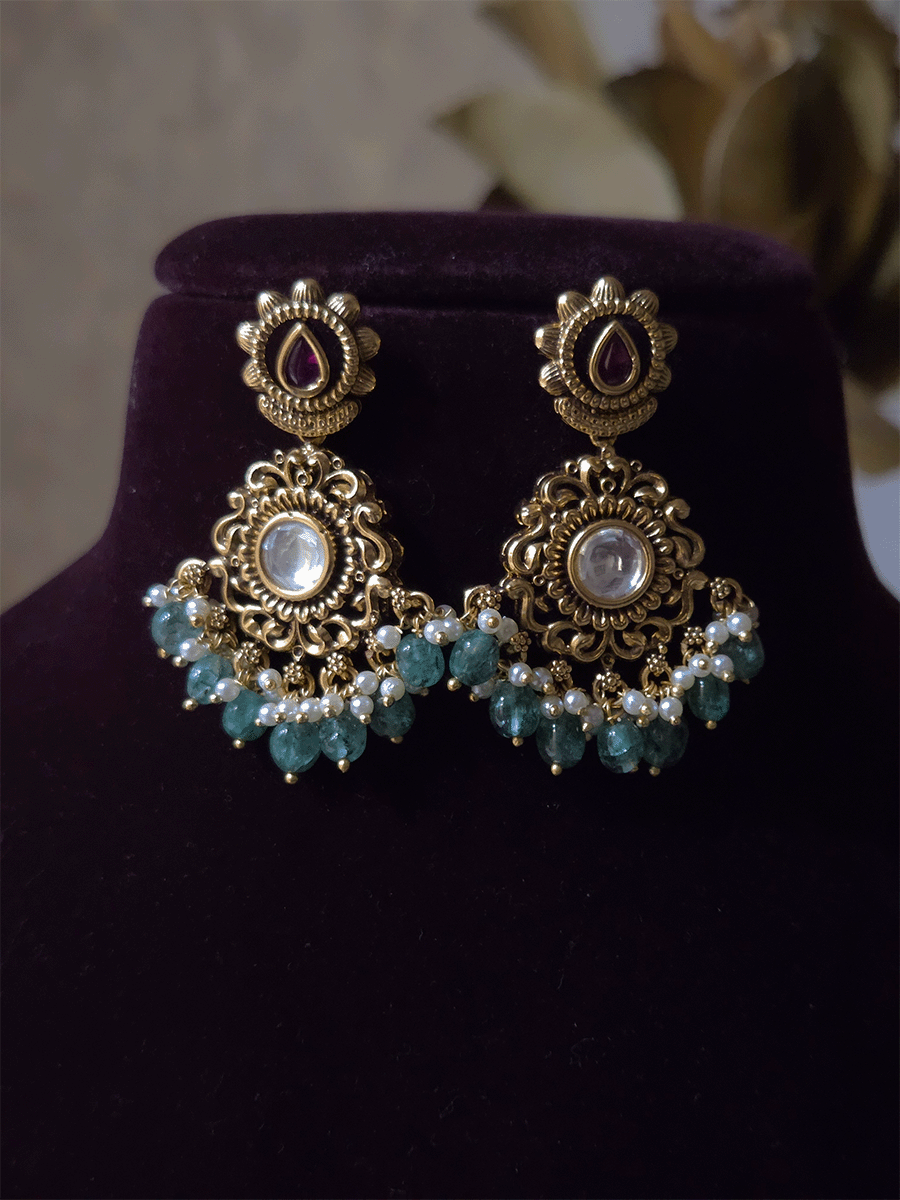 Tear shaped stone top design with circular kundan intricate design earrings(L-5.5cm)