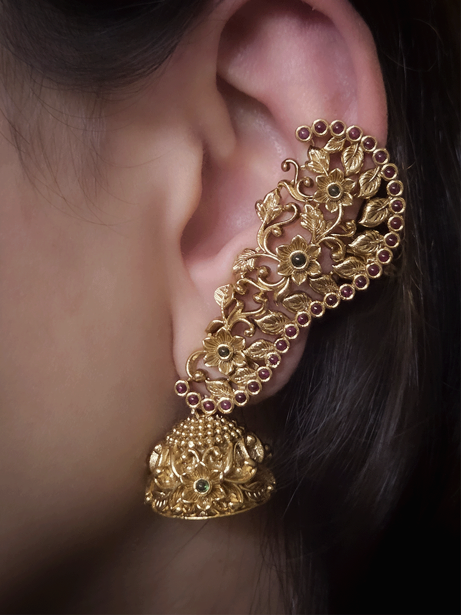 Traditional flowers design with ruby and green stones studded earcuffs