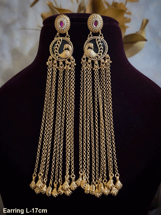 Peacock design on green circular stone 17cm long chain tassel earrings