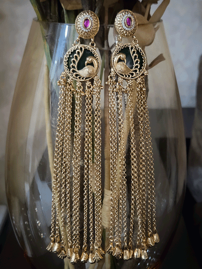 Peacock design on green circular stone 17cm long chain tassel earrings