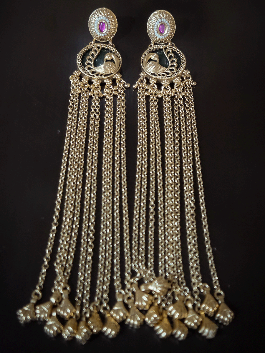 Peacock design on green circular stone 17cm long chain tassel earrings