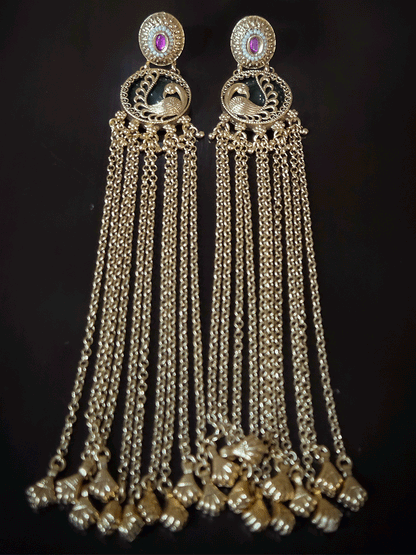 Peacock design on green circular stone 17cm long chain tassel earrings