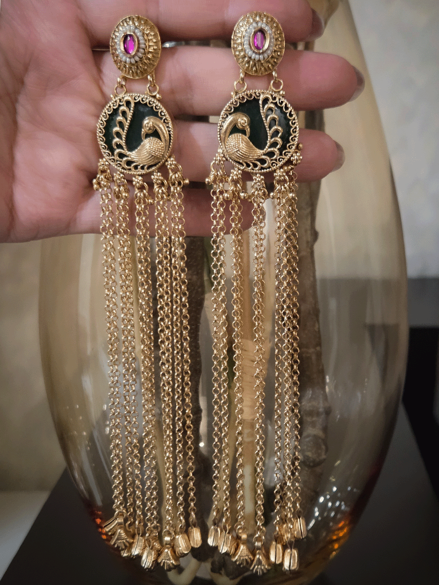 Peacock design on green circular stone 17cm long chain tassel earrings