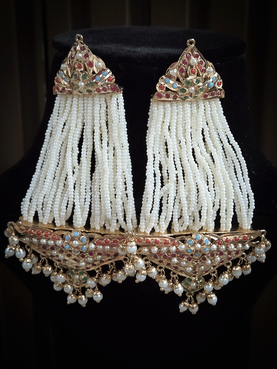 Jadau long passa design earrings with cheed strings