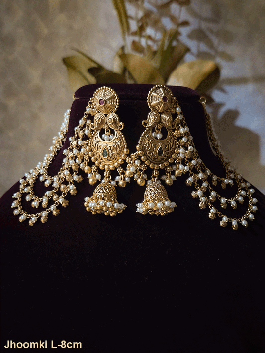 Circular top and paisley design long jhoomki with flower design triple side chains