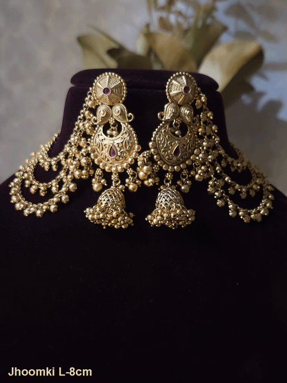 Circular top and paisley design long jhoomki with flower design triple side chains