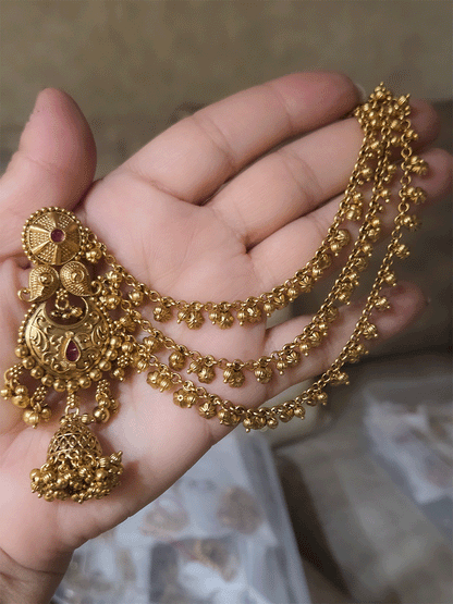 Circular top and paisley design long jhoomki with flower design triple side chains