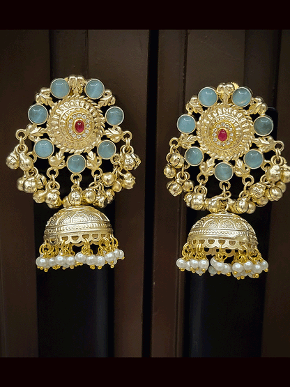 Stone flower top with ghunghru hangings jhoomki earrings