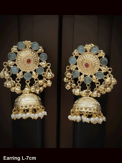 Stone flower top with ghunghru hangings jhoomki earrings