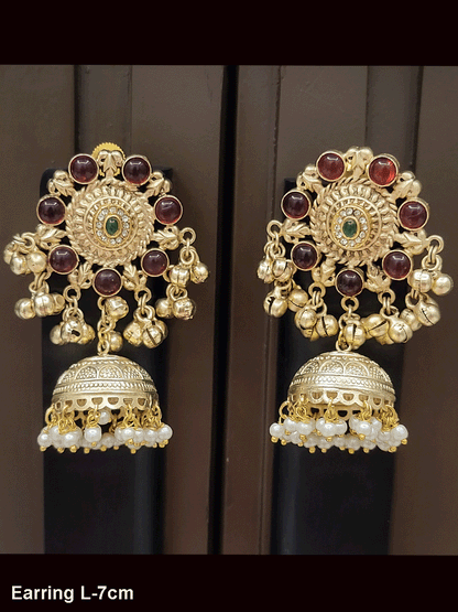 Stone flower top with ghunghru hangings jhoomki earrings
