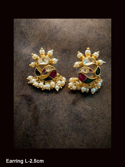 Small peacock design kundan earrings with hanging pearl beads and pearls on the crown