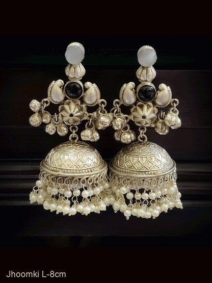 Flower center with coloured stones ghunghru hanging german silver jhoomkies(silver finish)