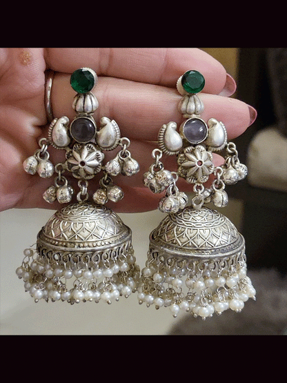 Flower center with coloured stones ghunghru hanging german silver jhoomkies(silver finish)