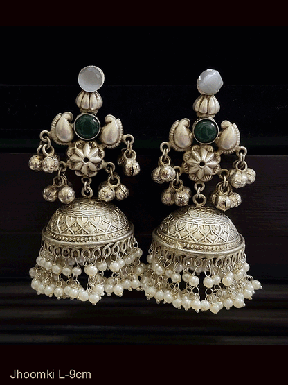 Flower center with coloured stones ghunghru hanging german silver jhoomkies(silver finish)