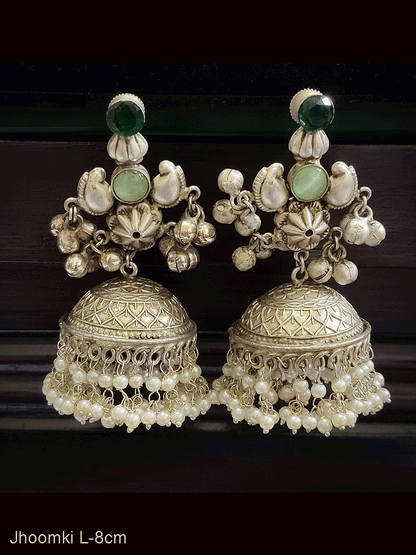 Flower center with coloured stones ghunghru hanging german silver jhoomkies(silver finish)