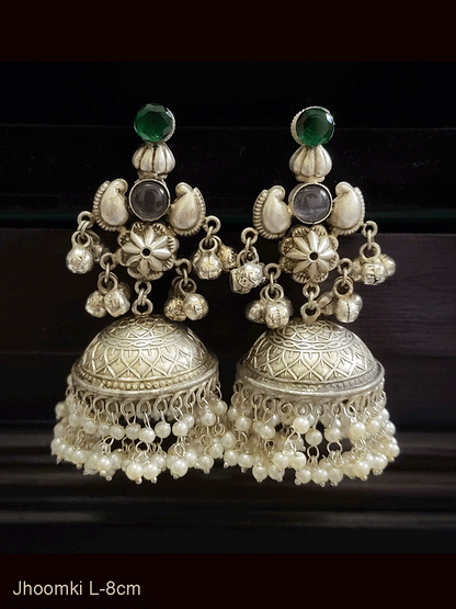 Flower center with coloured stones ghunghru hanging german silver jhoomkies(silver finish)