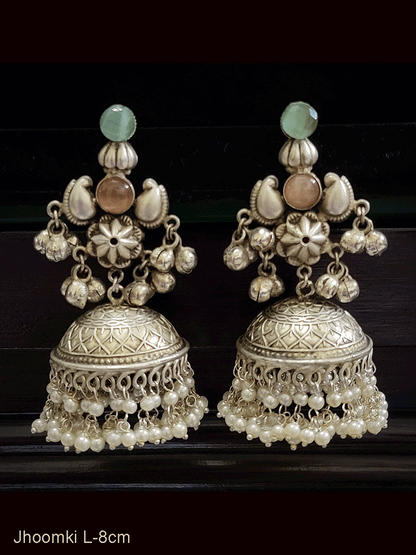 Flower center with coloured stones ghunghru hanging german silver jhoomkies(silver finish)