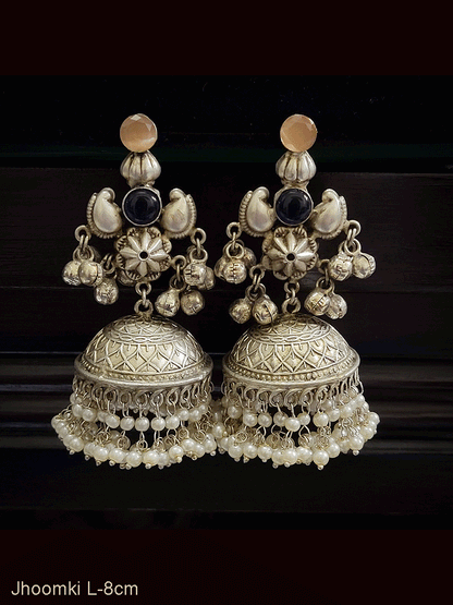 Flower center with coloured stones ghunghru hanging german silver jhoomkies(silver finish)