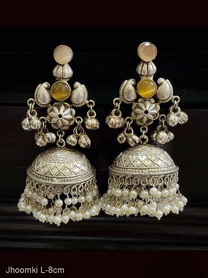 Flower center with coloured stones ghunghru hanging german silver jhoomkies(silver finish)