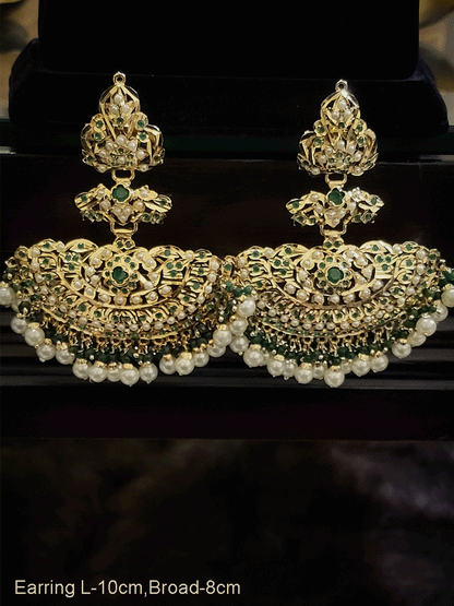 Long jadau coloured stones earrings with 8cm broad bottom tukdi