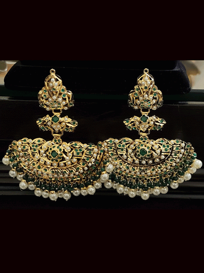 Long jadau coloured stones earrings with 8cm broad bottom tukdi