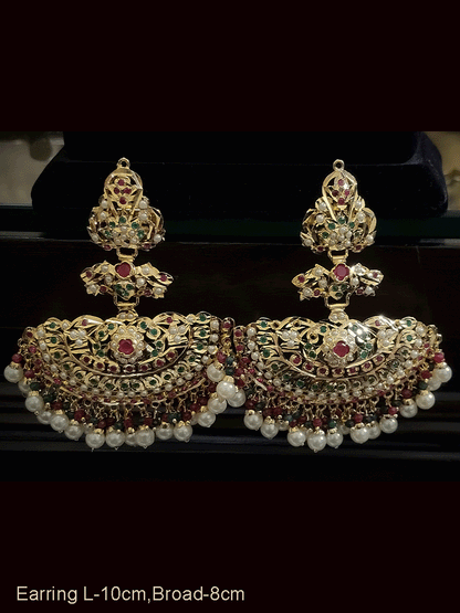Long jadau coloured stones earrings with 8cm broad bottom tukdi
