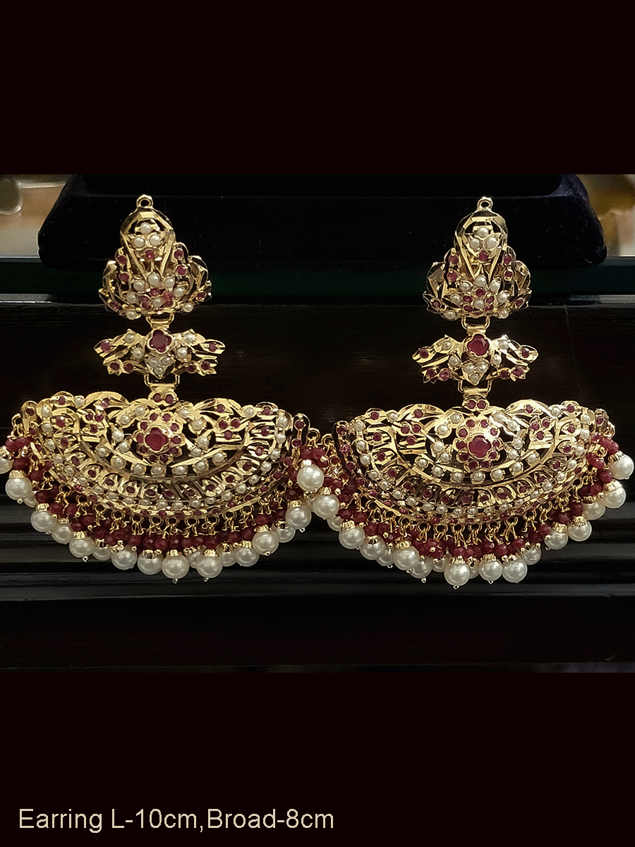 Long jadau coloured stones earrings with 8cm broad bottom tukdi