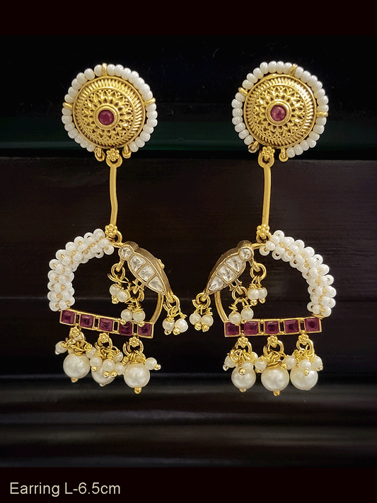 Circular top white bead pirohi earrings with paachi kundan peacock