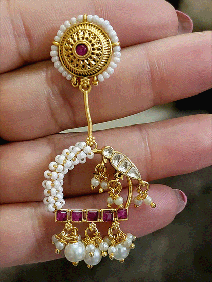 Circular top white bead pirohi earrings with paachi kundan peacock