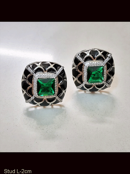 Enamel work square studs with square coloured stone in the center with zircon detailing